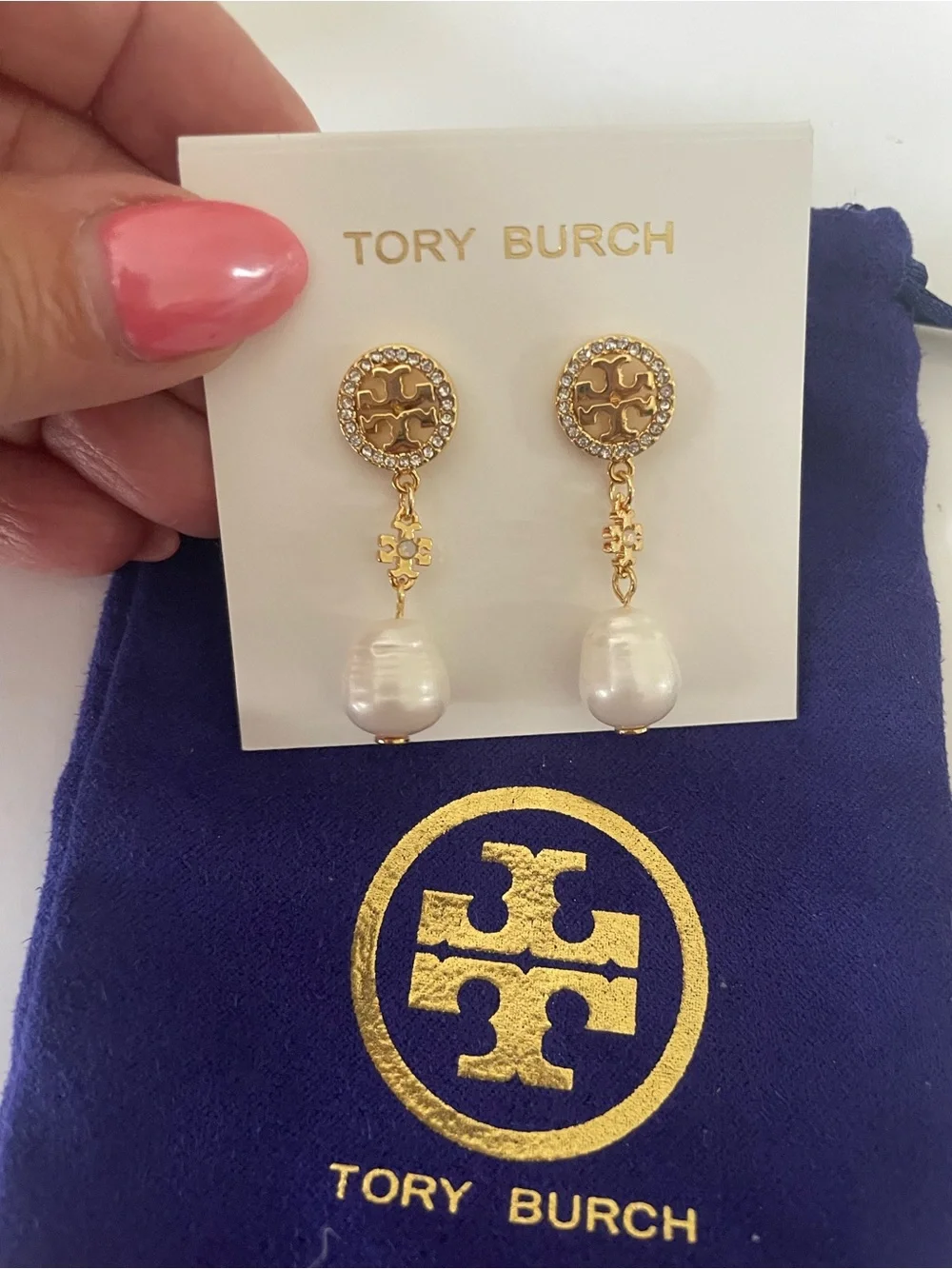 Tory Burch Gold Logo Drop Earrings with White Pearl Drops